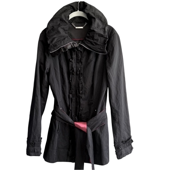 WHBM Ruffle Rain Jacket Belted Rhinestone & Satin Trench Coat Black Pink Size L - Picture 3 of 15